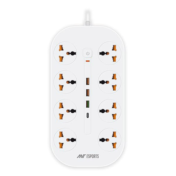 Ant Esports PS831 Power Strips with 8 Universal Socket and 3USB-A & 1Type-C, 3-Meter Cord, 2500-Watt,Fireproof Material, Heavy Duty Cable Overload Protection,Extension for Home/Office Appliances–White