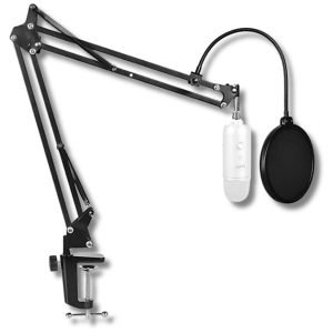 Microphone Stand Extension Arm, DIGIMORE D-110 Studio Suspension Scissor Boom Arm with Pop Filter, 3/8″ to 5/8″ Adapter, Mic Clip, Upgraded Heavy Duty Clamp for Blue Yeti Snowball Ice and Other Mics